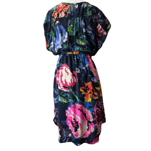 Anthropologie Black Floral Abstract Midi Dress | Size M | V-Neck Elastic Waist - Picture 4 of 9